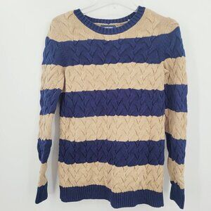 Land's End Drifter Cable Knit Navy & Tan Stripe Pullover Cotton Sweater